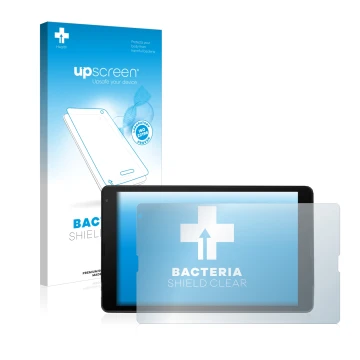 Face avant d’un emballage produit avec le logo de la marque upscreen. À côté, l’appareil MEDION Lifetab E10420 est représenté 