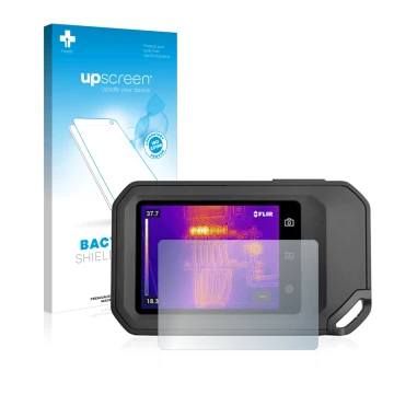 Face avant d’un emballage produit avec le logo de la marque upscreen. À côté, l’appareil Flir C5 est représenté avec la protec