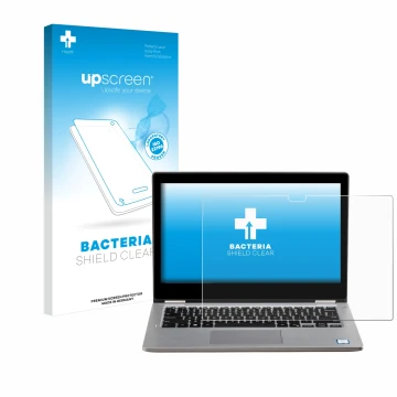 Face avant d’un emballage produit avec le logo de la marque upscreen. À côté, l’appareil Dell Latitude 3310 2-in-1 est représe