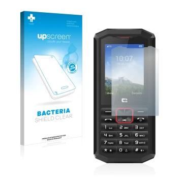 Face avant d’un emballage produit avec le logo de la marque upscreen. À côté, l’appareil Crosscall Spider X5 est représenté av