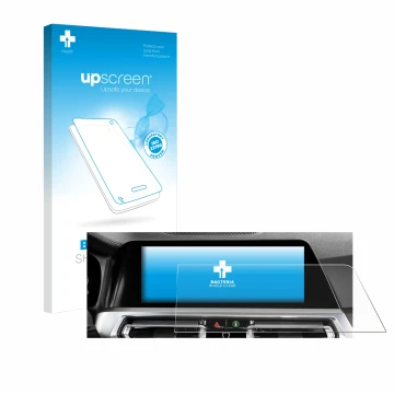 Face avant d’un emballage produit avec le logo de la marque upscreen. À côté, l’appareil BMW 3 G20 Limousine 2018 Infotainment