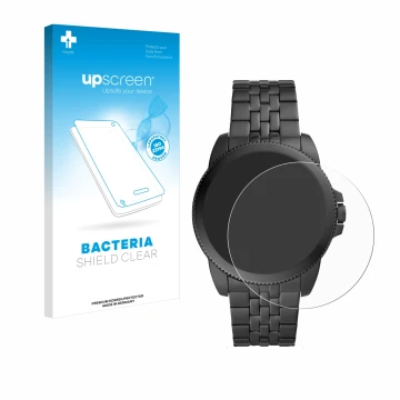 Face avant d’un emballage produit avec le logo de la marque upscreen. À côté, l’appareil Fossil Gen 5E est représenté avec la 