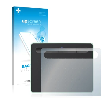 Face avant d’un emballage produit avec le logo de la marque upscreen. À côté, l’appareil Wacom Intuos S Bluetooth est représen