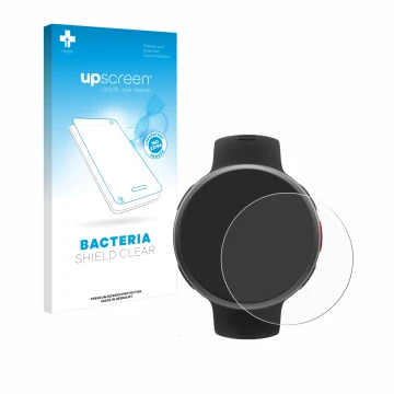 Face avant d’un emballage produit avec le logo de la marque upscreen. À côté, l’appareil Polar Vantage V2 est représenté avec 