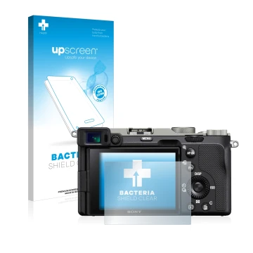 Face avant d’un emballage produit avec le logo de la marque upscreen. À côté, l’appareil Sony Alpha 7C est représenté avec la 