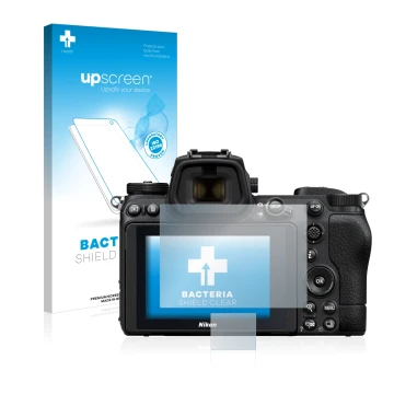 Face avant d’un emballage produit avec le logo de la marque upscreen. À côté, l’appareil Nikon Z 7 II est représenté avec la p