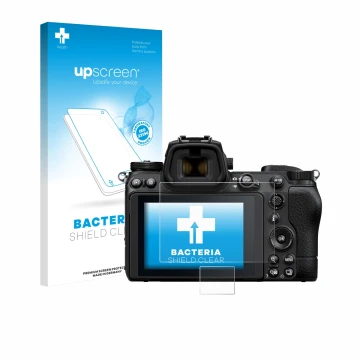 Face avant d’un emballage produit avec le logo de la marque upscreen. À côté, l’appareil Nikon Z 6 II est représenté avec la p