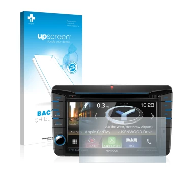 Face avant d’un emballage produit avec le logo de la marque upscreen. À côté, l’appareil Kenwood DNX518VDABS est représenté av