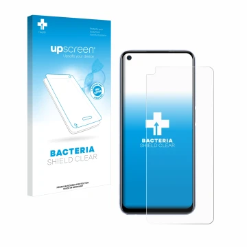 Face avant d’un emballage produit avec le logo de la marque upscreen. À côté, l’appareil realme Q2 est représenté avec la prot