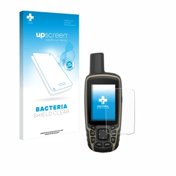 Face avant d’un emballage produit avec le logo de la marque upscreen. À côté, l’appareil Garmin GPSMAP 65 est représenté avec 