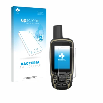 Face avant d’un emballage produit avec le logo de la marque upscreen. À côté, l’appareil Garmin GPSMAP 65s est représenté avec