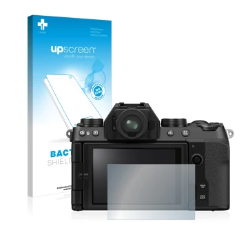 Face avant d’un emballage produit avec le logo de la marque upscreen. À côté, l’appareil Fujifilm X-S10 est représenté avec la