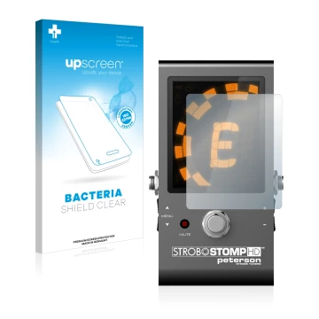 Face avant d’un emballage produit avec le logo de la marque upscreen. À côté, l’appareil Peterson Strobostomp HD est représent