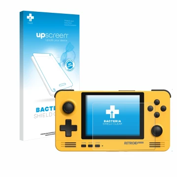 Face avant d’un emballage produit avec le logo de la marque upscreen. À côté, l’appareil Retroid Pocket 2 est représenté avec 