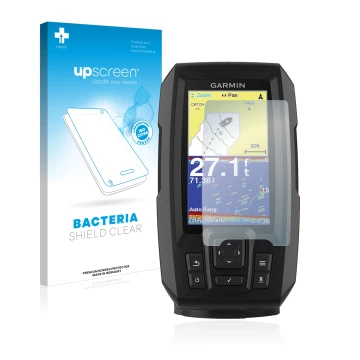 Face avant d’un emballage produit avec le logo de la marque upscreen. À côté, l’appareil Garmin Striker Vivid 4cv est représen