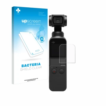 Face avant d’un emballage produit avec le logo de la marque upscreen. À côté, l’appareil DJI Osmo Pocket 2 est représenté avec