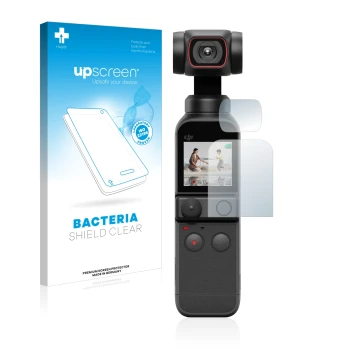 Face avant d’un emballage produit avec le logo de la marque upscreen. À côté, l’appareil DJI Osmo Pocket 2 (Affichage + Lentil