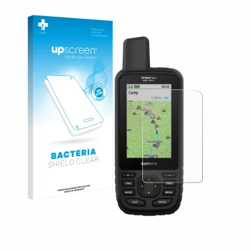 Face avant d’un emballage produit avec le logo de la marque upscreen. À côté, l’appareil Garmin GPSMAP 66sr est représenté ave
