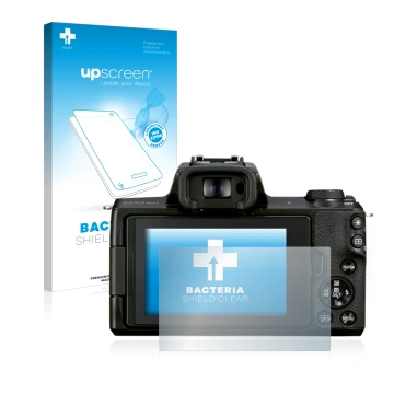 Face avant d’un emballage produit avec le logo de la marque upscreen. À côté, l’appareil Canon EOS M50 Mark II est représenté 