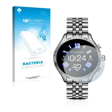 Face avant d’un emballage produit avec le logo de la marque upscreen. À côté, l’appareil Michael Kors Access Gen 5 Lexington e