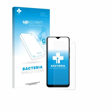 Face avant d’un emballage produit avec le logo de la marque upscreen. À côté, l’appareil Samsung Galaxy A02s est représenté av