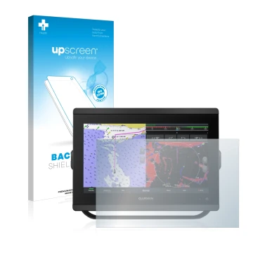Face avant d’un emballage produit avec le logo de la marque upscreen. À côté, l’appareil Garmin GPSMAP 8412xsv est représenté 