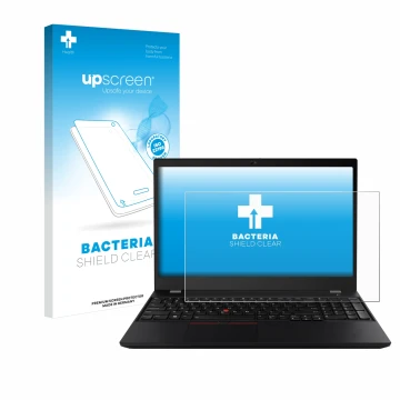 Face avant d’un emballage produit avec le logo de la marque upscreen. À côté, l’appareil Lenovo ThinkPad T15 est représenté av