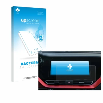 Face avant d’un emballage produit avec le logo de la marque upscreen. À côté, l’appareil Kia E-Niro 2020 Infotainment System e
