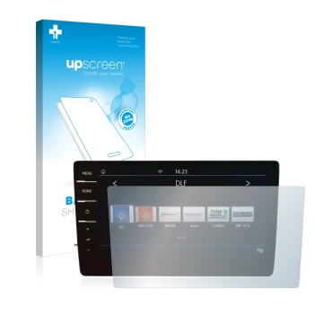 Face avant d’un emballage produit avec le logo de la marque upscreen. À côté, l’appareil Volkswagen Tiguan Elegance TDI DSG 20