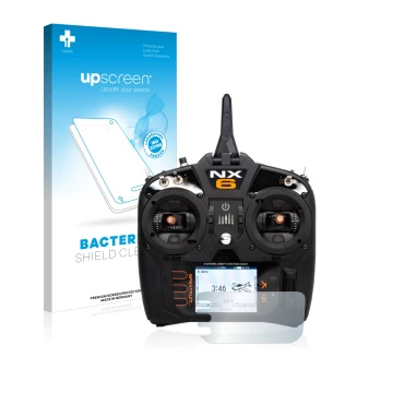 Face avant d’un emballage produit avec le logo de la marque upscreen. À côté, l’appareil Spektrum NX6 est représenté avec la p