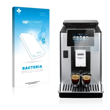 Face avant d’un emballage produit avec le logo de la marque upscreen. À côté, l’appareil DeLonghi PrimaDonna Soul ECAM610.74.M