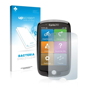 Face avant d’un emballage produit avec le logo de la marque upscreen. À côté, l’appareil Mio Cyclo 210 est représenté avec la 