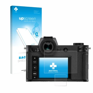 Face avant d’un emballage produit avec le logo de la marque upscreen. À côté, l’appareil Leica SL2-S est représenté avec la pr