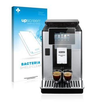 Face avant d’un emballage produit avec le logo de la marque upscreen. À côté, l’appareil DeLonghi PrimaDonna Soul ECAM610.55.S