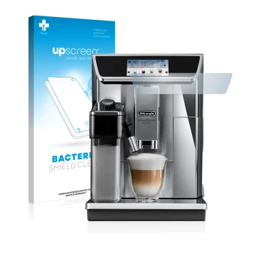 Face avant d’un emballage produit avec le logo de la marque upscreen. À côté, l’appareil DeLonghi PrimaDonna Elite Experience 