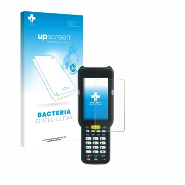 Face avant d’un emballage produit avec le logo de la marque upscreen. À côté, l’appareil Zebra MC3300X est représenté avec la 