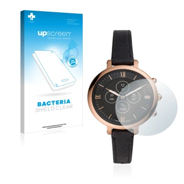 Face avant d’un emballage produit avec le logo de la marque upscreen. À côté, l’appareil Fossil Monroe Hybrid HR est représent