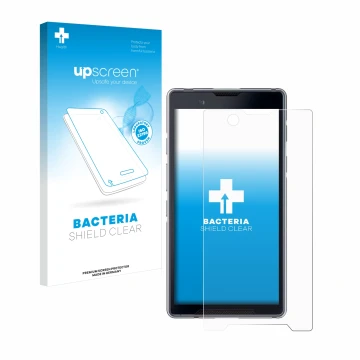 Face avant d’un emballage produit avec le logo de la marque upscreen. À côté, l’appareil Bittium Tough Mobile 2 est représenté