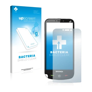 Face avant d’un emballage produit avec le logo de la marque upscreen. À côté, l’appareil Brondi Amico Dual Sim est représenté 