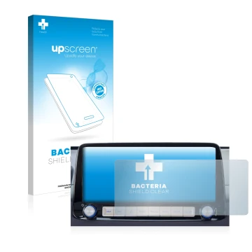 Face avant d’un emballage produit avec le logo de la marque upscreen. À côté, l’appareil Hyundai Kona 2020 Infotainment System