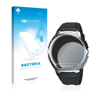 Face avant d’un emballage produit avec le logo de la marque upscreen. À côté, l’appareil Casio Wave Ceptor WV-58 est représent