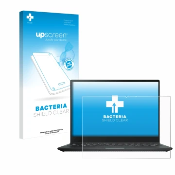 Face avant d’un emballage produit avec le logo de la marque upscreen. À côté, l’appareil ASUS Rog Flow X13 2022 est représenté