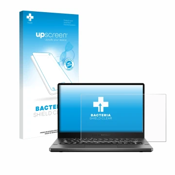 Face avant d’un emballage produit avec le logo de la marque upscreen. À côté, l’appareil ASUS ROG Zephyrus G14 GA401 est repré