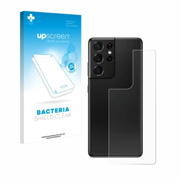 Face avant d’un emballage produit avec le logo de la marque upscreen. À côté, l’appareil Samsung Galaxy S21 Ultra 5G (Arrière)