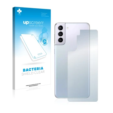 Face avant d’un emballage produit avec le logo de la marque upscreen. À côté, l’appareil Samsung Galaxy S21 Plus 5G (Arrière) 