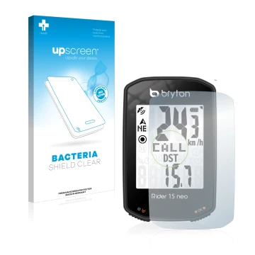 Face avant d’un emballage produit avec le logo de la marque upscreen. À côté, l’appareil Bryton Rider 15 neo est représenté av