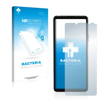 Face avant d’un emballage produit avec le logo de la marque upscreen. À côté, l’appareil Sony Xperia 10 III est représenté ave