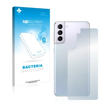 Face avant d’un emballage produit avec le logo de la marque upscreen. À côté, l’appareil Samsung Galaxy S21 (Arrière) est repr
