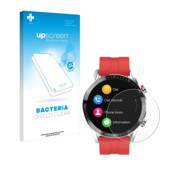 Face avant d’un emballage produit avec le logo de la marque upscreen. À côté, l’appareil Gentleman Smartwatch est représenté a