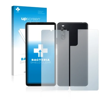 Face avant d’un emballage produit avec le logo de la marque upscreen. À côté, l’appareil Sony Xperia 10 III (Avant+Arrière) es